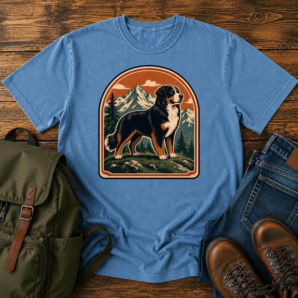 Bernese Mountain Dog Wordless: tricolor Bernese standing broadside on an alpine meadow ridge, layered peaks t-shirt design