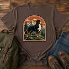 Bernese Mountain Dog Wordless: tricolor Bernese standing broadside on an alpine meadow ridge, layered peaks t-shirt design