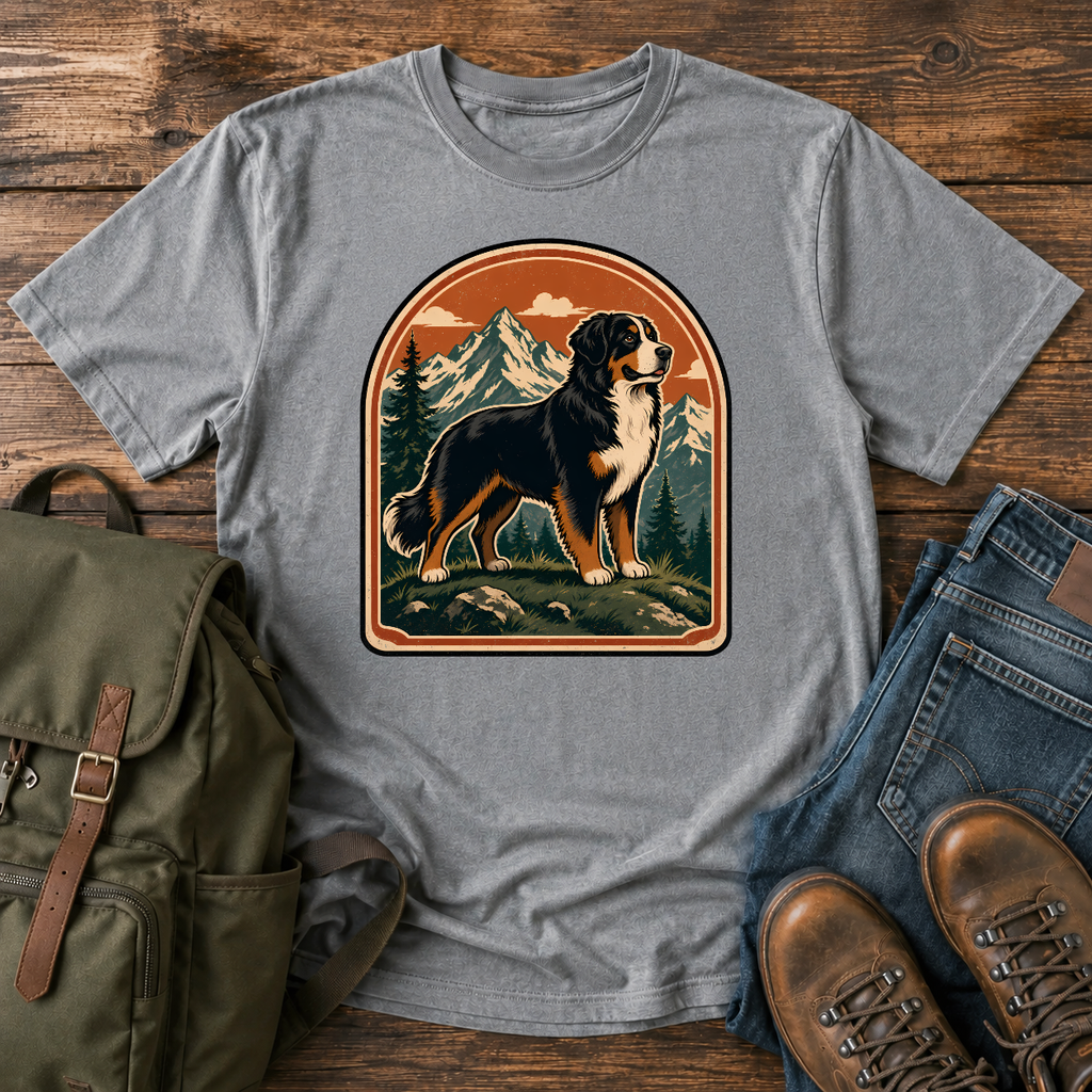 Bernese Mountain Dog Wordless: tricolor Bernese standing broadside on an alpine meadow ridge, layered peaks t-shirt design