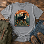 Bernese Mountain Dog Wordless: tricolor Bernese standing broadside on an alpine meadow ridge, layered peaks t-shirt design