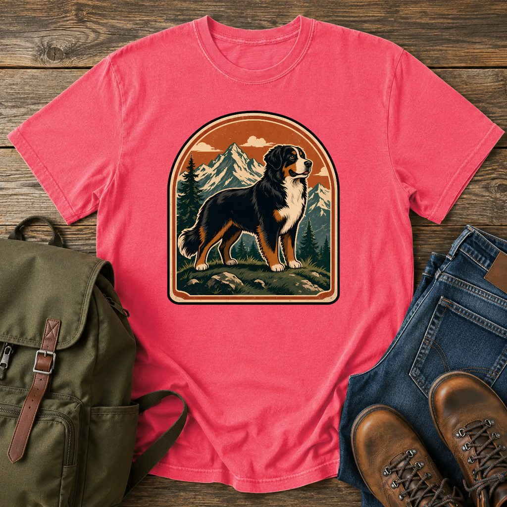 Bernese Mountain Dog Wordless: tricolor Bernese standing broadside on an alpine meadow ridge, layered peaks t-shirt design