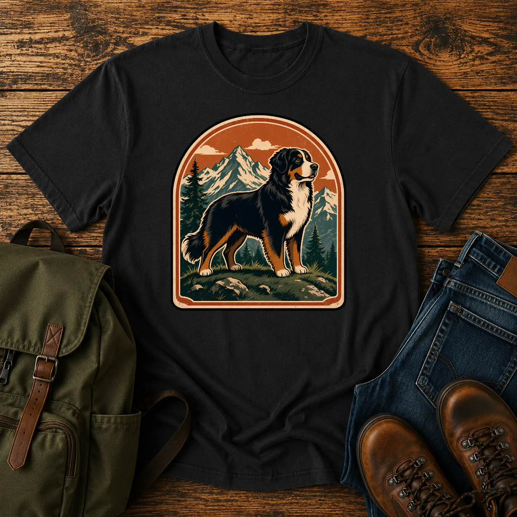 Bernese Mountain Dog Wordless: tricolor Bernese standing broadside on an alpine meadow ridge, layered peaks t-shirt design