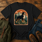 Bernese Mountain Dog Wordless: tricolor Bernese standing broadside on an alpine meadow ridge, layered peaks t-shirt design