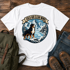 Bernese Mountain Dog clean lino-cut vintage adventure badge showcasing a massive Bernese Mountain Dog looking t-shirt design