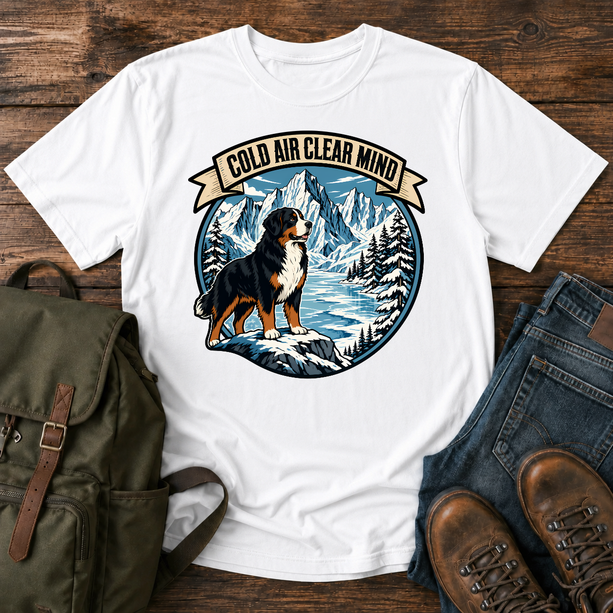 Bernese Mountain Dog clean lino-cut vintage adventure badge showcasing a massive Bernese Mountain Dog looking t-shirt design