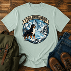 Bernese Mountain Dog clean lino-cut vintage adventure badge showcasing a massive Bernese Mountain Dog looking t-shirt design