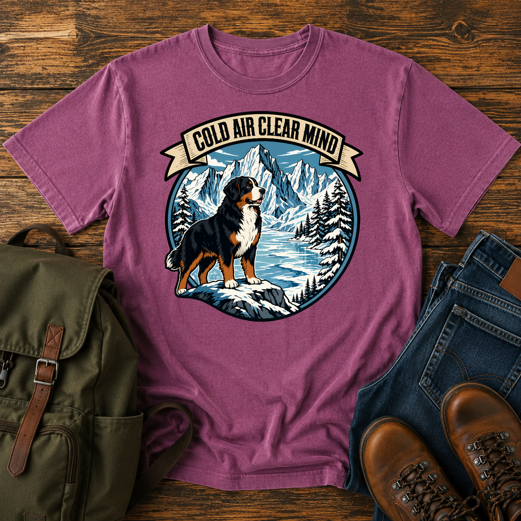 Bernese Mountain Dog clean lino-cut vintage adventure badge showcasing a massive Bernese Mountain Dog looking t-shirt design