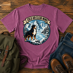 Bernese Mountain Dog clean lino-cut vintage adventure badge showcasing a massive Bernese Mountain Dog looking t-shirt design