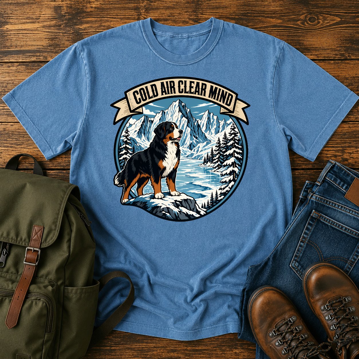 Bernese Mountain Dog clean lino-cut vintage adventure badge showcasing a massive Bernese Mountain Dog looking t-shirt design
