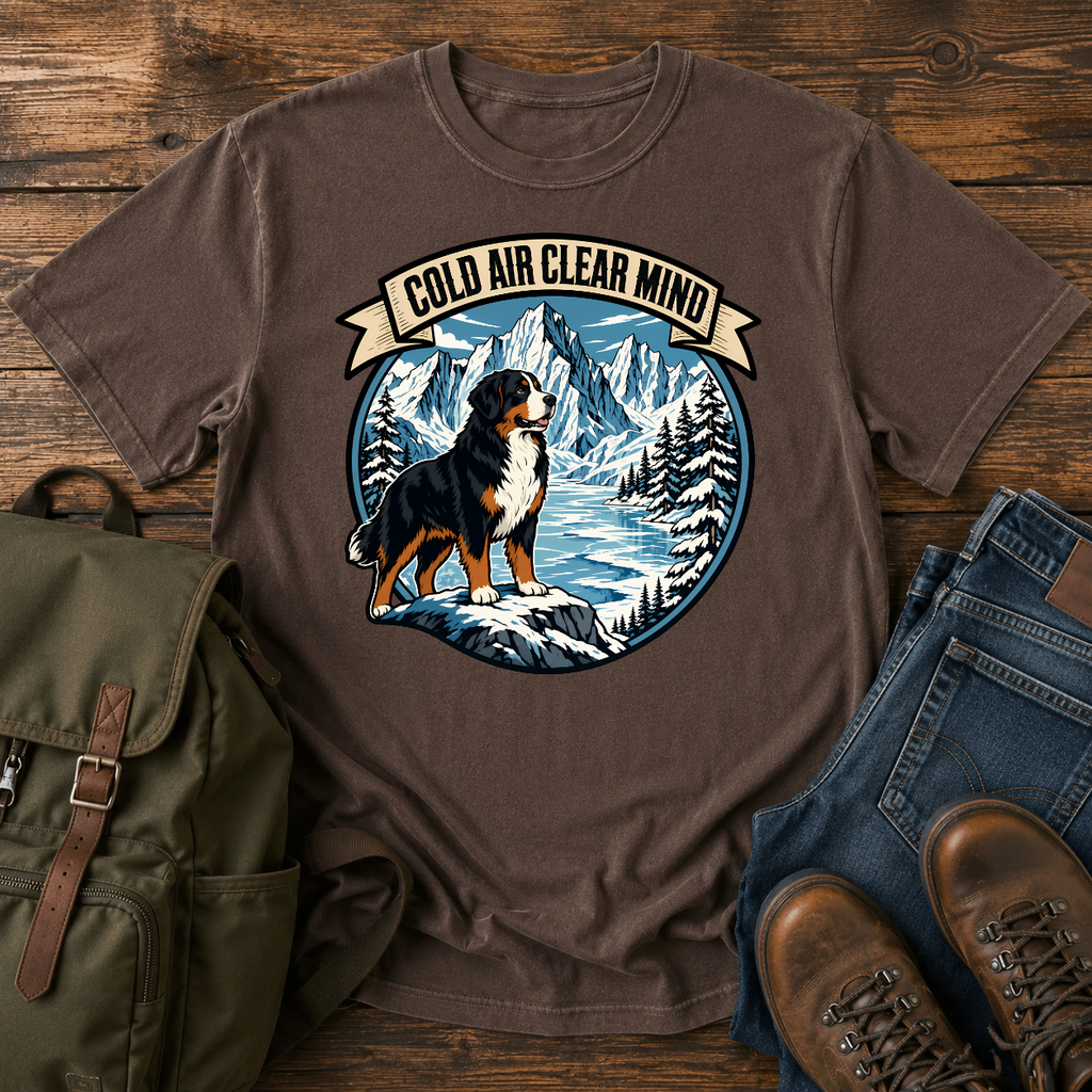 Bernese Mountain Dog clean lino-cut vintage adventure badge showcasing a massive Bernese Mountain Dog looking t-shirt design
