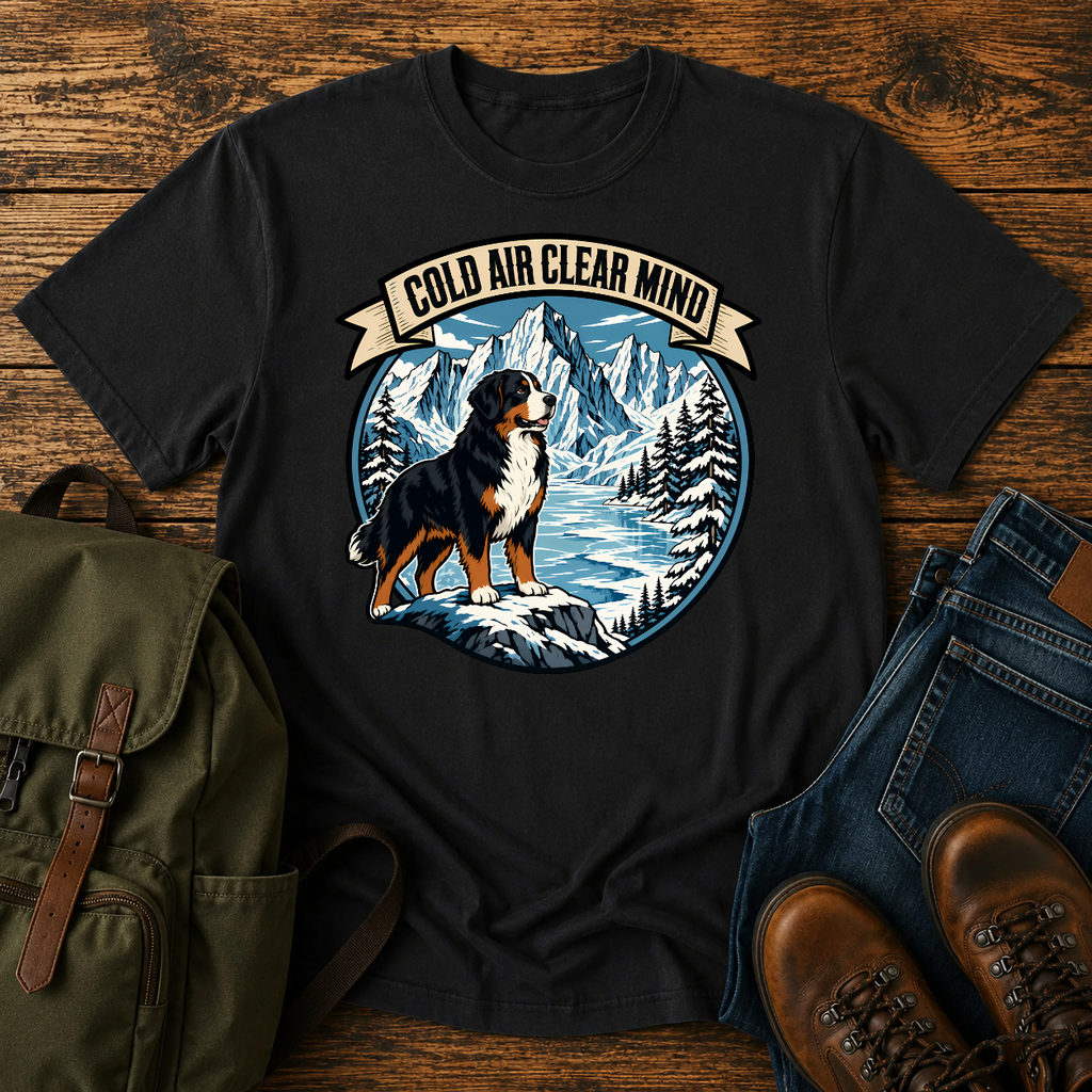 Bernese Mountain Dog clean lino-cut vintage adventure badge showcasing a massive Bernese Mountain Dog looking t-shirt design
