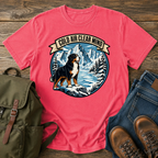 Bernese Mountain Dog clean lino-cut vintage adventure badge showcasing a massive Bernese Mountain Dog looking t-shirt design