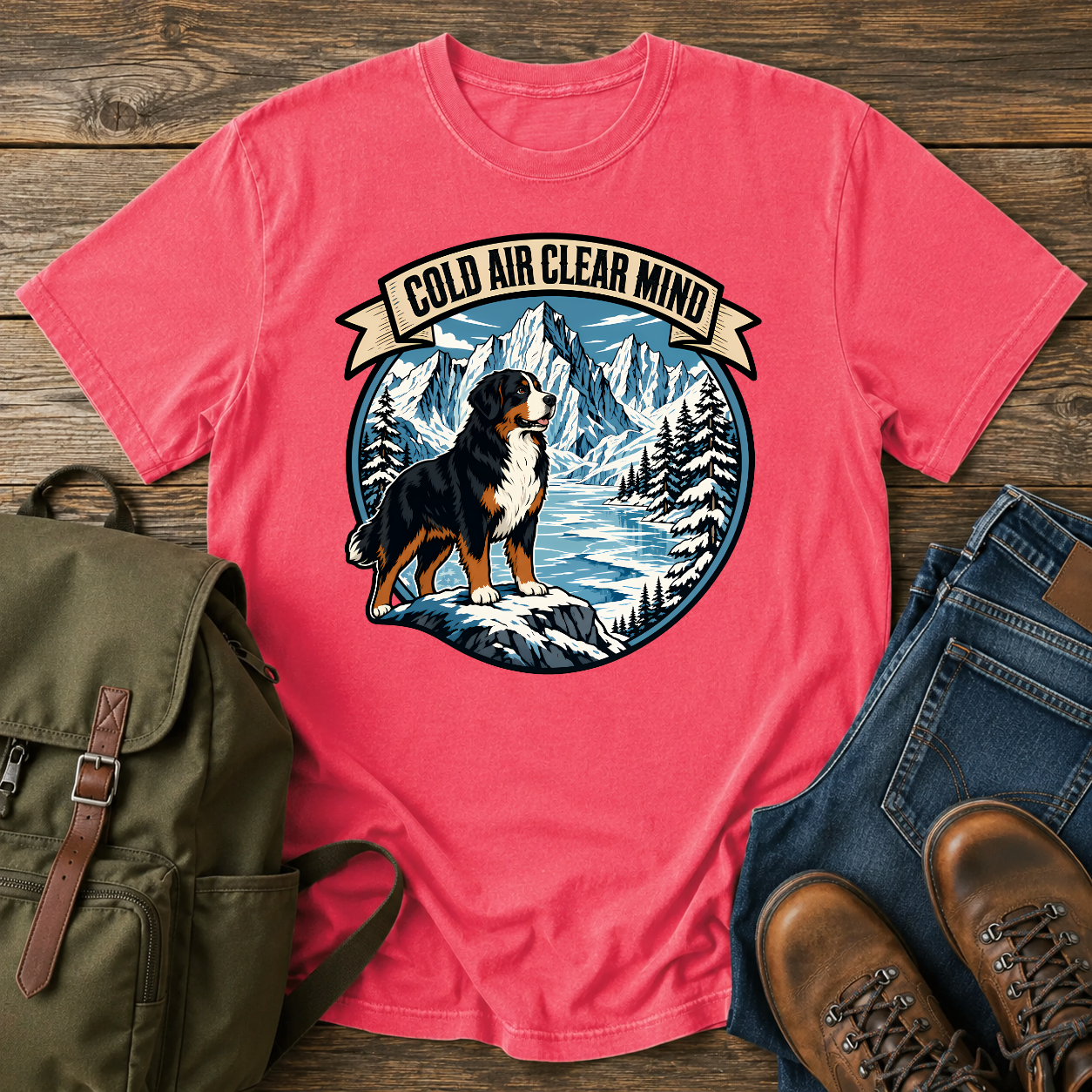 Bernese Mountain Dog clean lino-cut vintage adventure badge showcasing a massive Bernese Mountain Dog looking t-shirt design