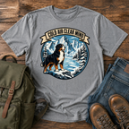 Bernese Mountain Dog clean lino-cut vintage adventure badge showcasing a massive Bernese Mountain Dog looking t-shirt design