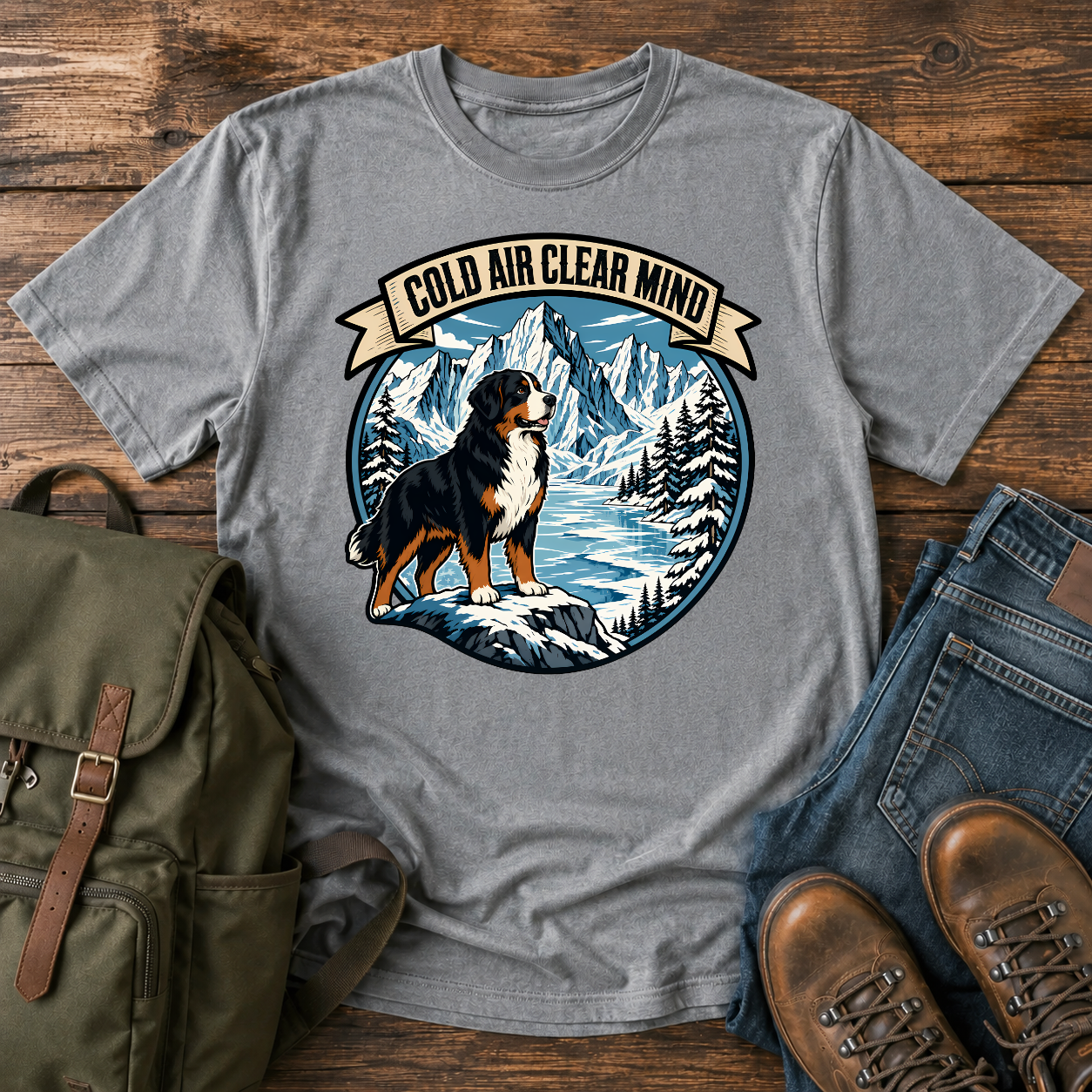 Bernese Mountain Dog clean lino-cut vintage adventure badge showcasing a massive Bernese Mountain Dog looking t-shirt design
