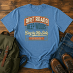 Backcountry dog hiking typographic badge t-shirt design with dirt road adventure lettering