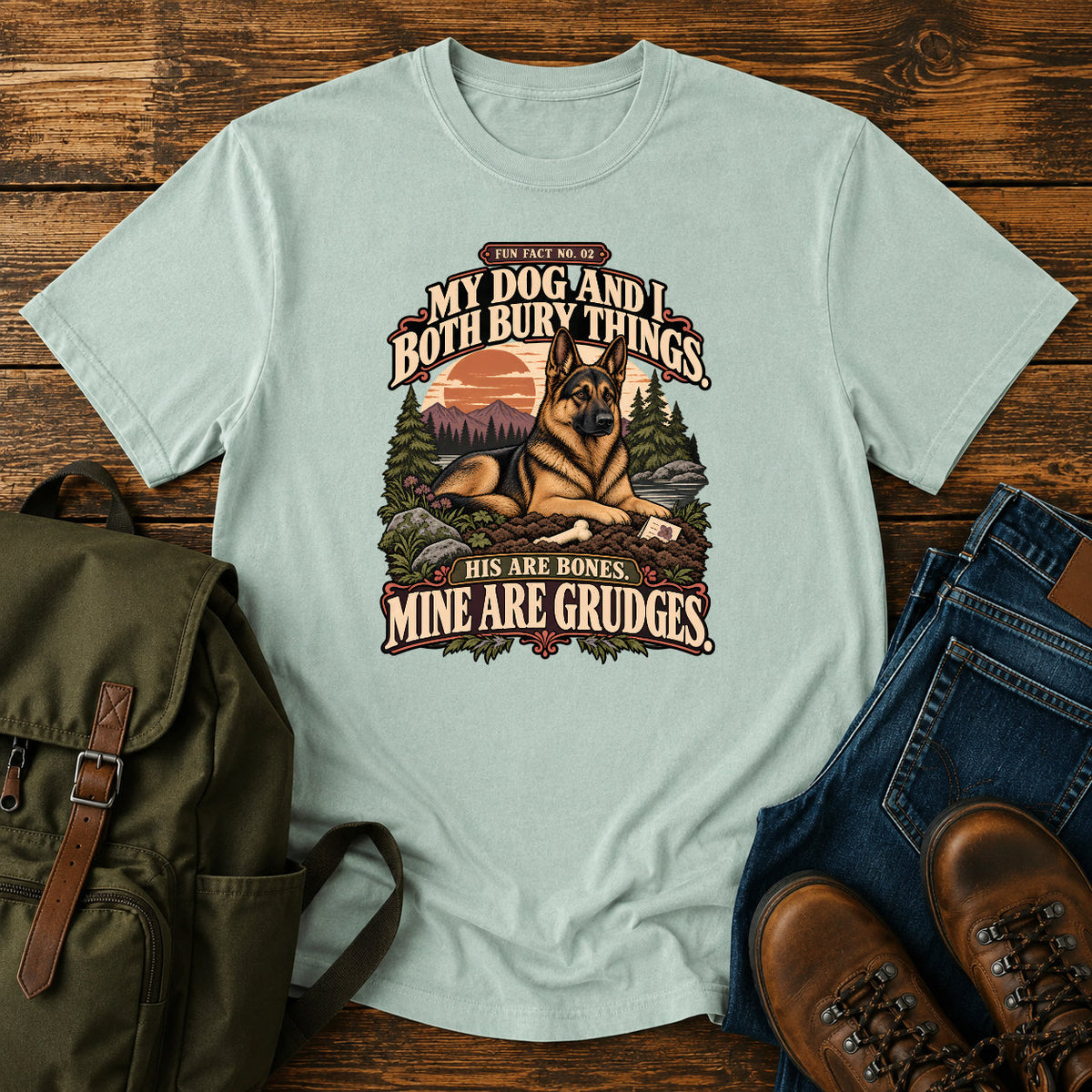 German Shepherd bones and grudges joke with vintage outdoor badge on a t-shirt design