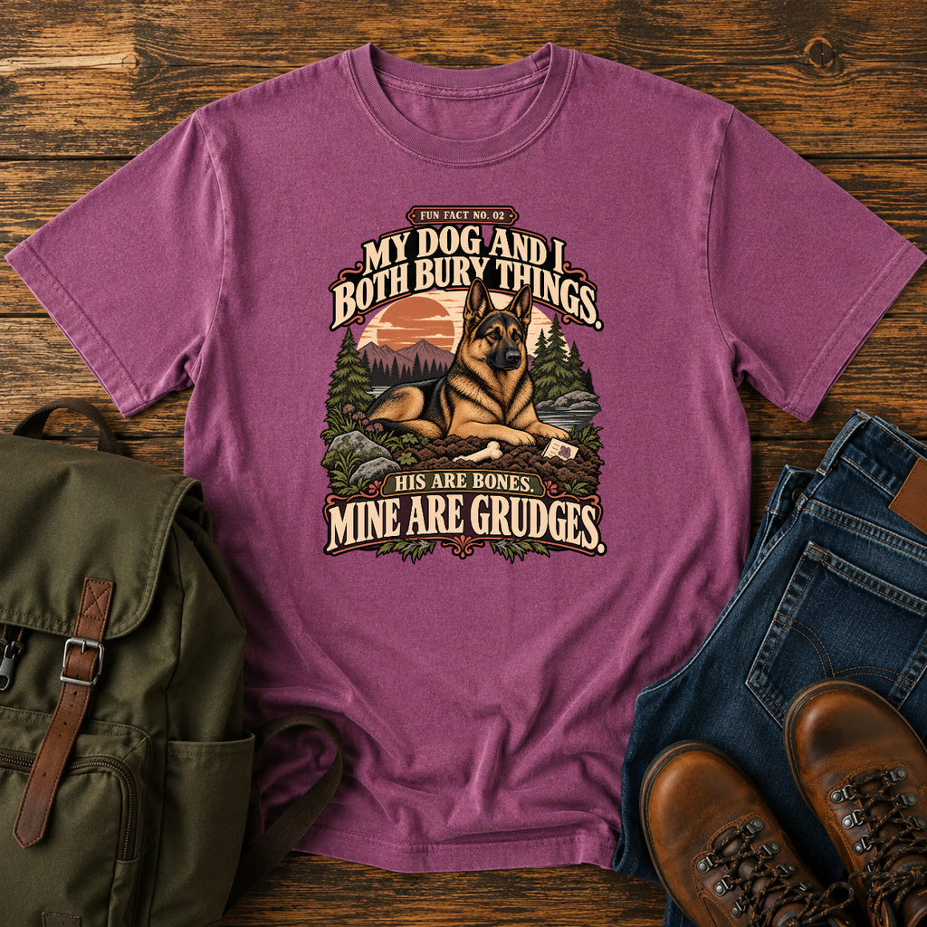 German Shepherd bones and grudges joke with vintage outdoor badge on a t-shirt design