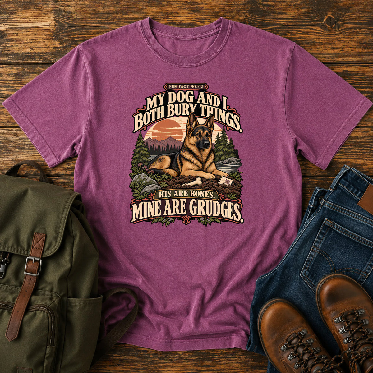 German Shepherd bones and grudges joke with vintage outdoor badge on a t-shirt design