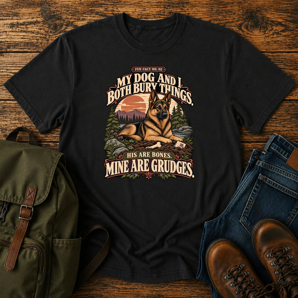 German Shepherd bones and grudges joke with vintage outdoor badge on a t-shirt design