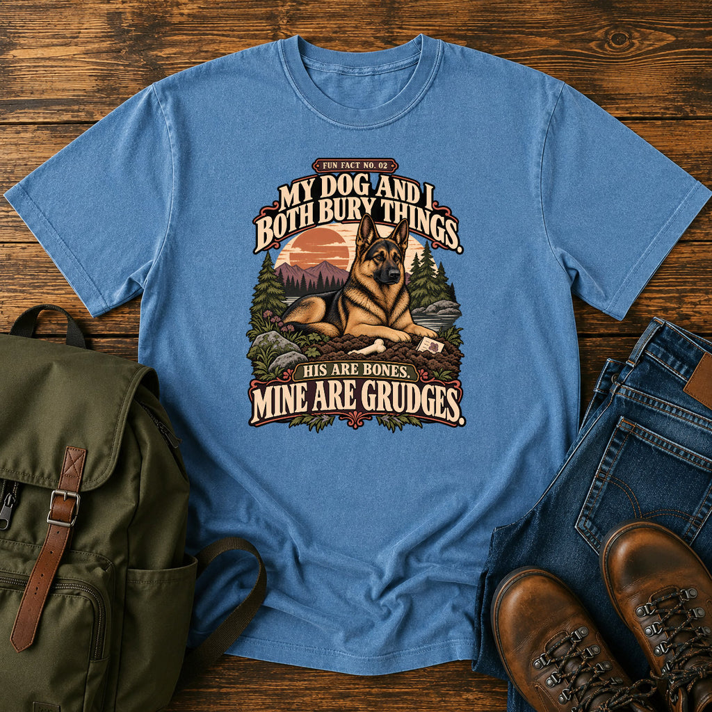German Shepherd bones and grudges joke with vintage outdoor badge on a t-shirt design