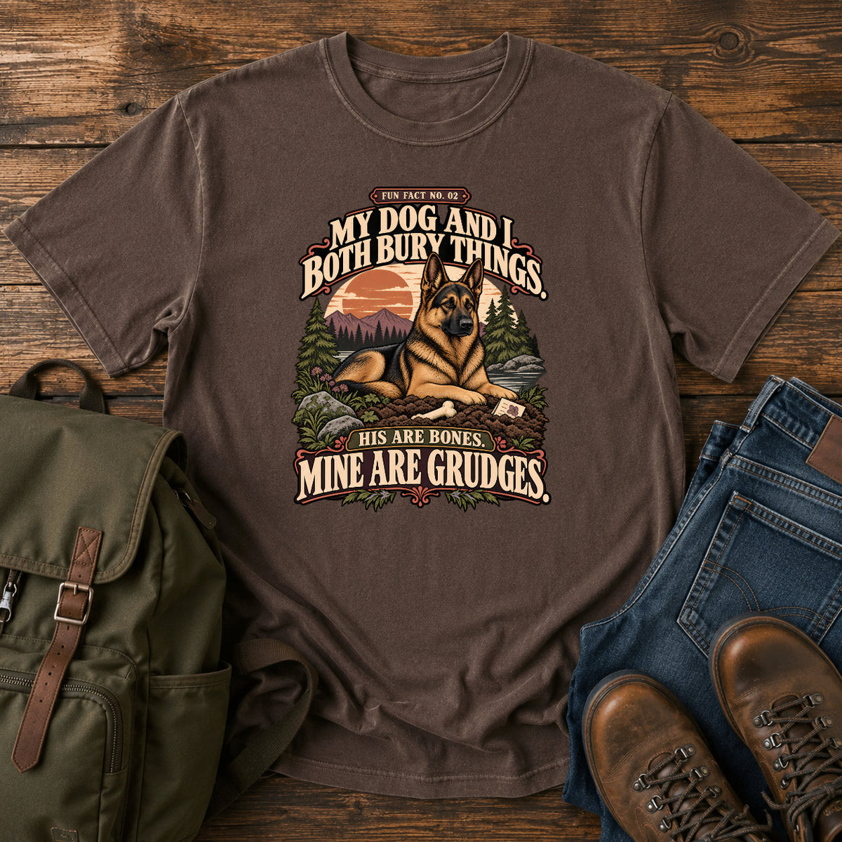German Shepherd bones and grudges joke with vintage outdoor badge on a t-shirt design