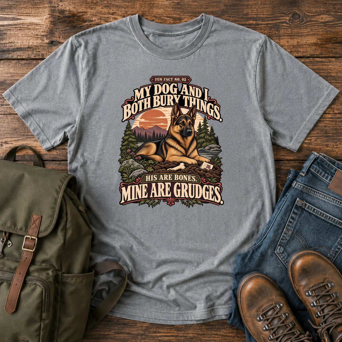 German Shepherd bones and grudges joke with vintage outdoor badge on a t-shirt design