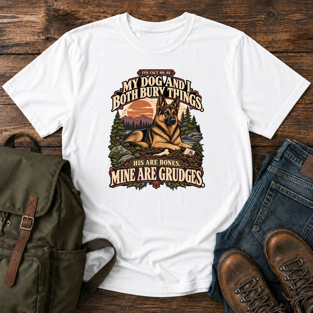 German Shepherd bones and grudges joke with vintage outdoor badge on a t-shirt design