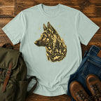German Shepherd dog portrait filled with pine forest on a celestial t-shirt design.