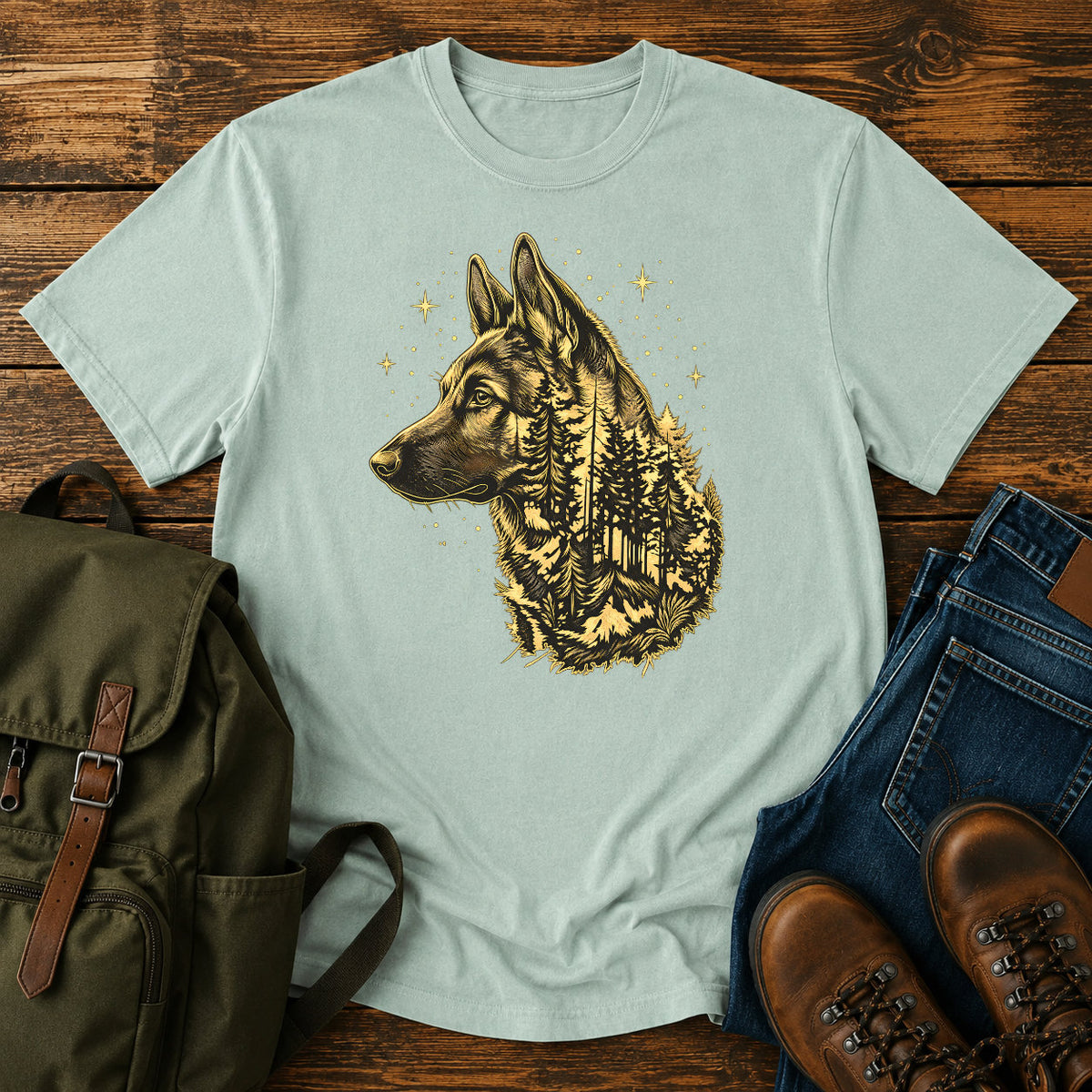 German Shepherd dog portrait filled with pine forest on a celestial t-shirt design.