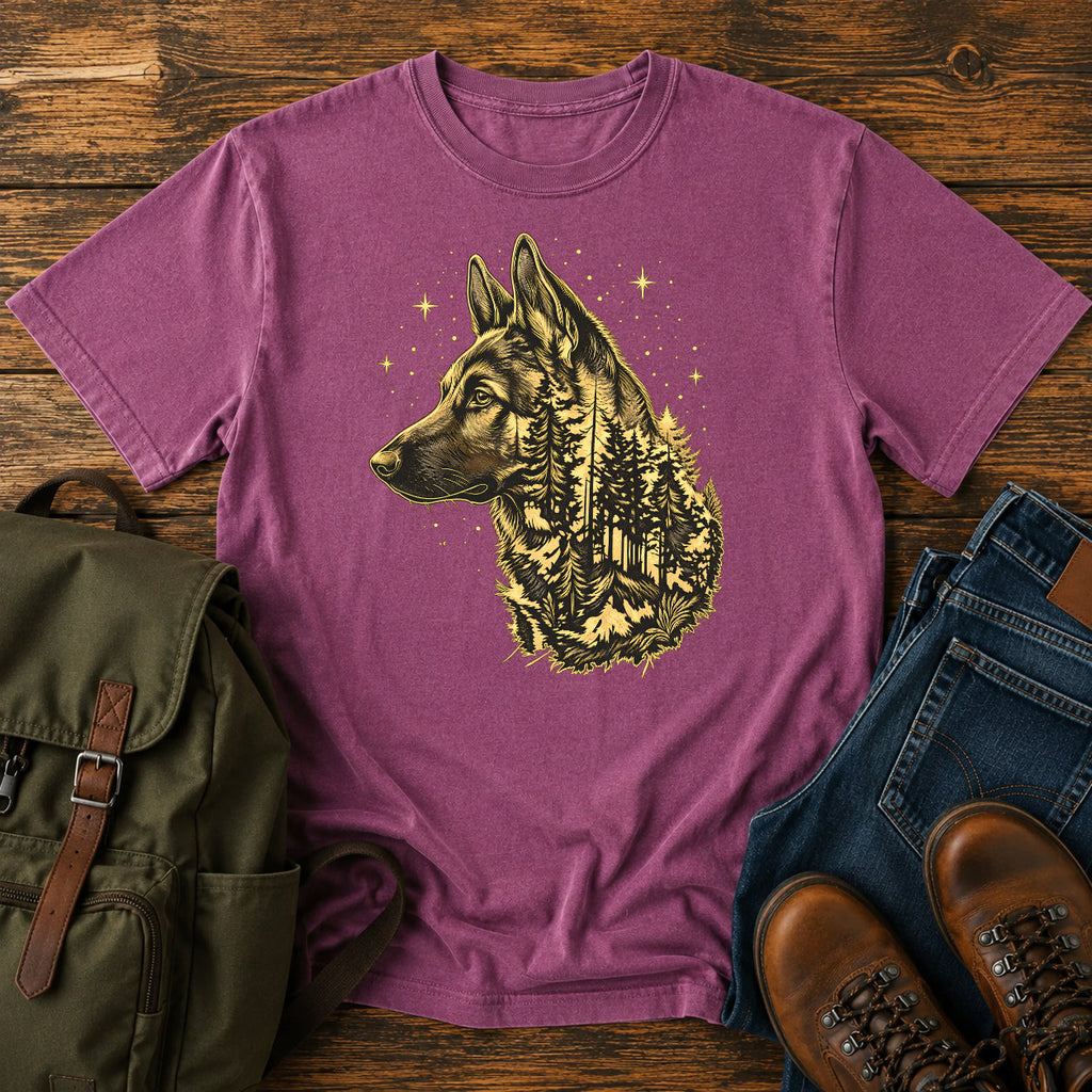 German Shepherd dog portrait filled with pine forest on a celestial t-shirt design.