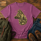 German Shepherd dog portrait filled with pine forest on a celestial t-shirt design.