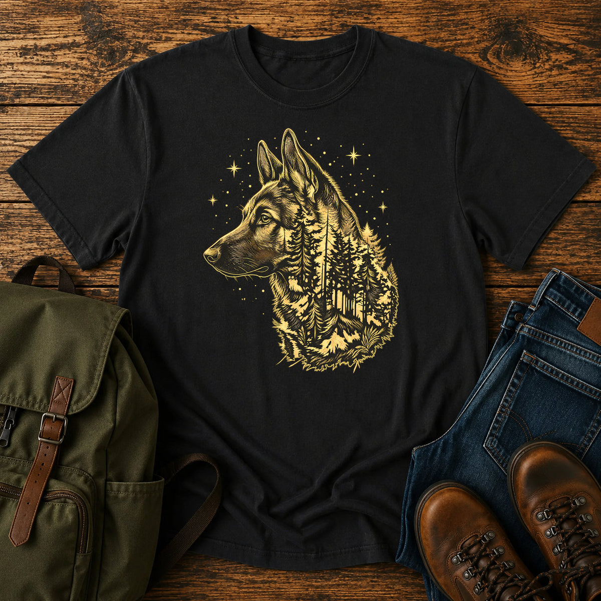 German Shepherd dog portrait filled with pine forest on a celestial t-shirt design.