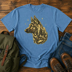 German Shepherd dog portrait filled with pine forest on a celestial t-shirt design.