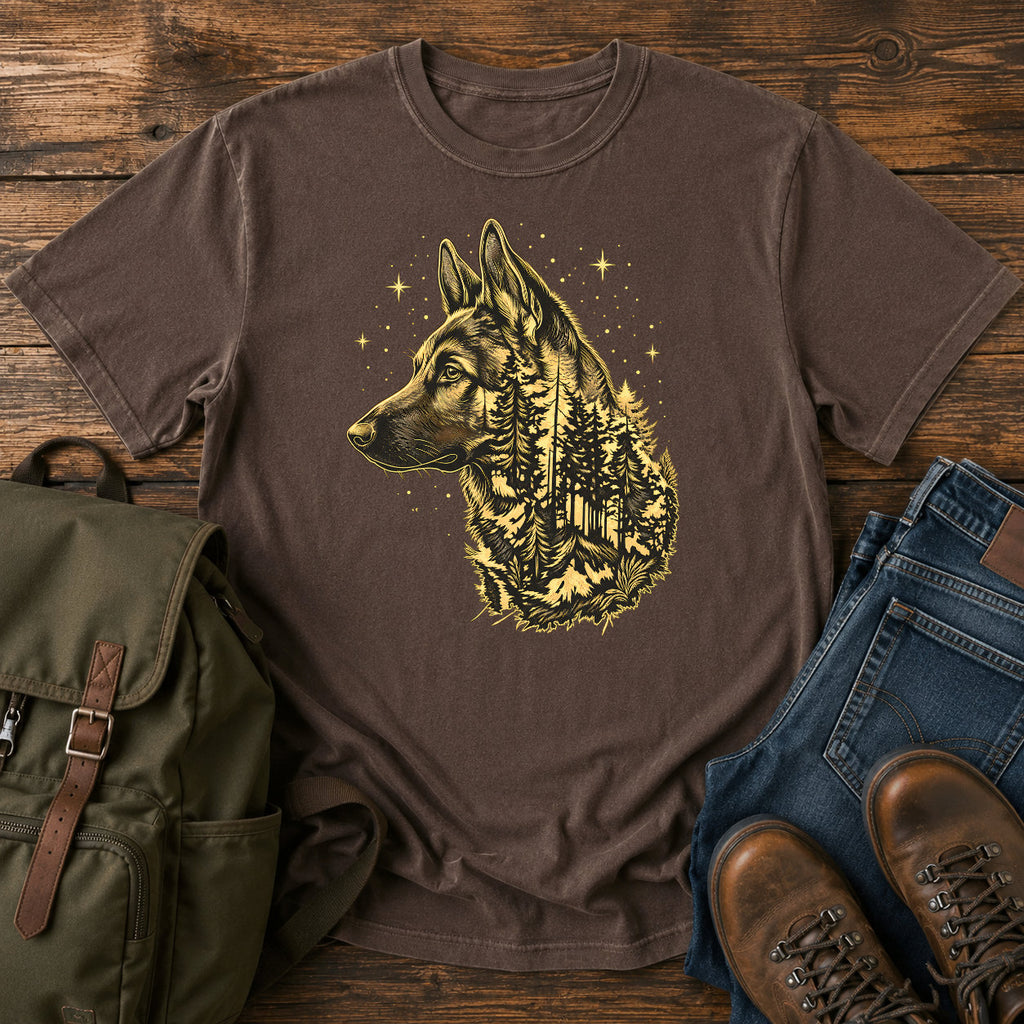 German Shepherd dog portrait filled with pine forest on a celestial t-shirt design.