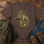 German Shepherd dog portrait filled with pine forest on a celestial t-shirt design.