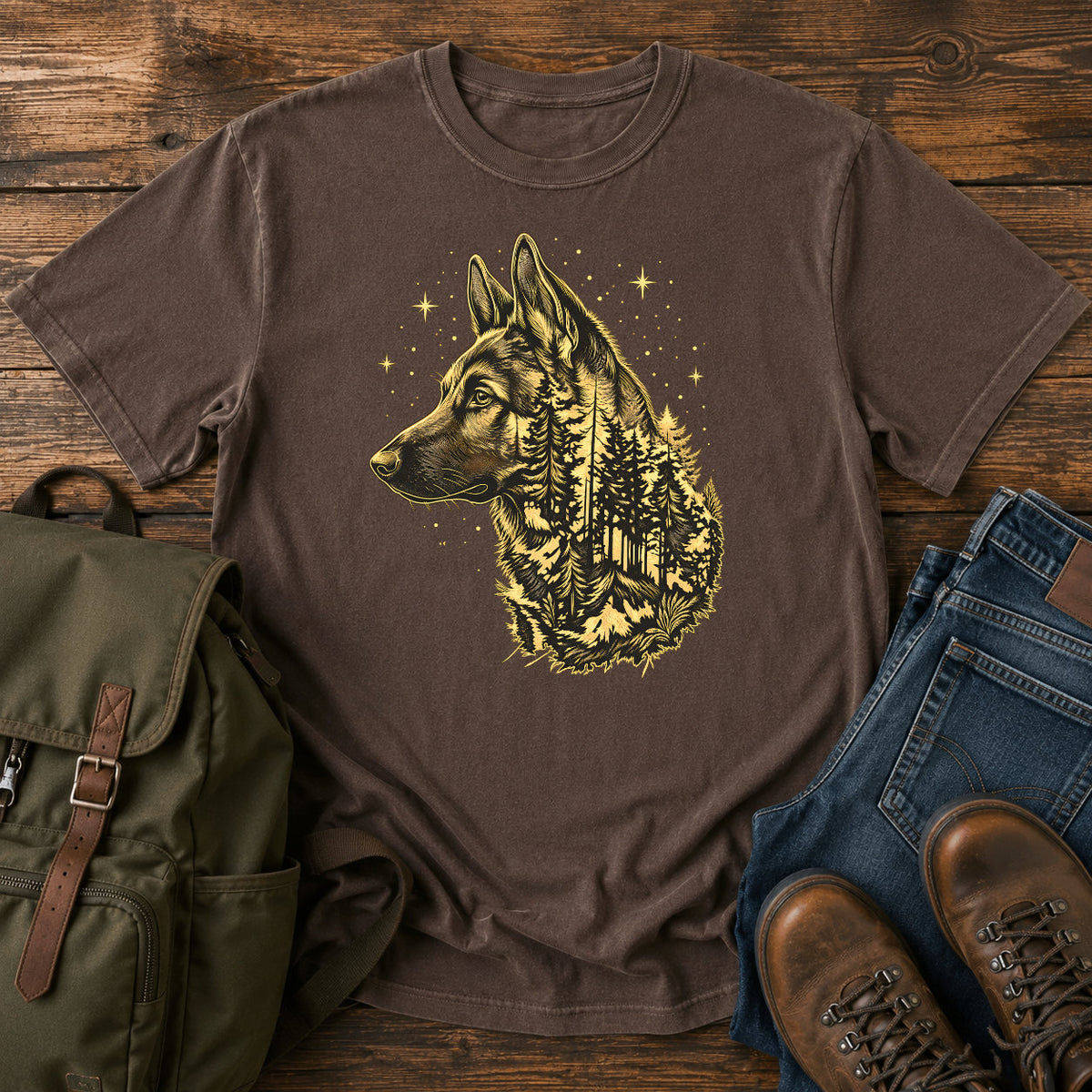 German Shepherd dog portrait filled with pine forest on a celestial t-shirt design.