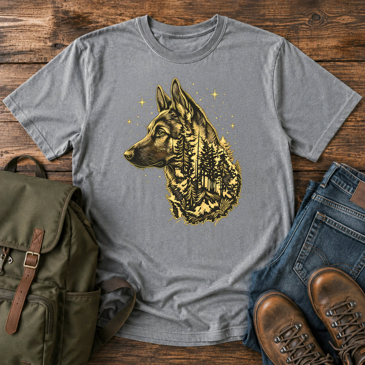 German Shepherd dog portrait filled with pine forest on a celestial t-shirt design.