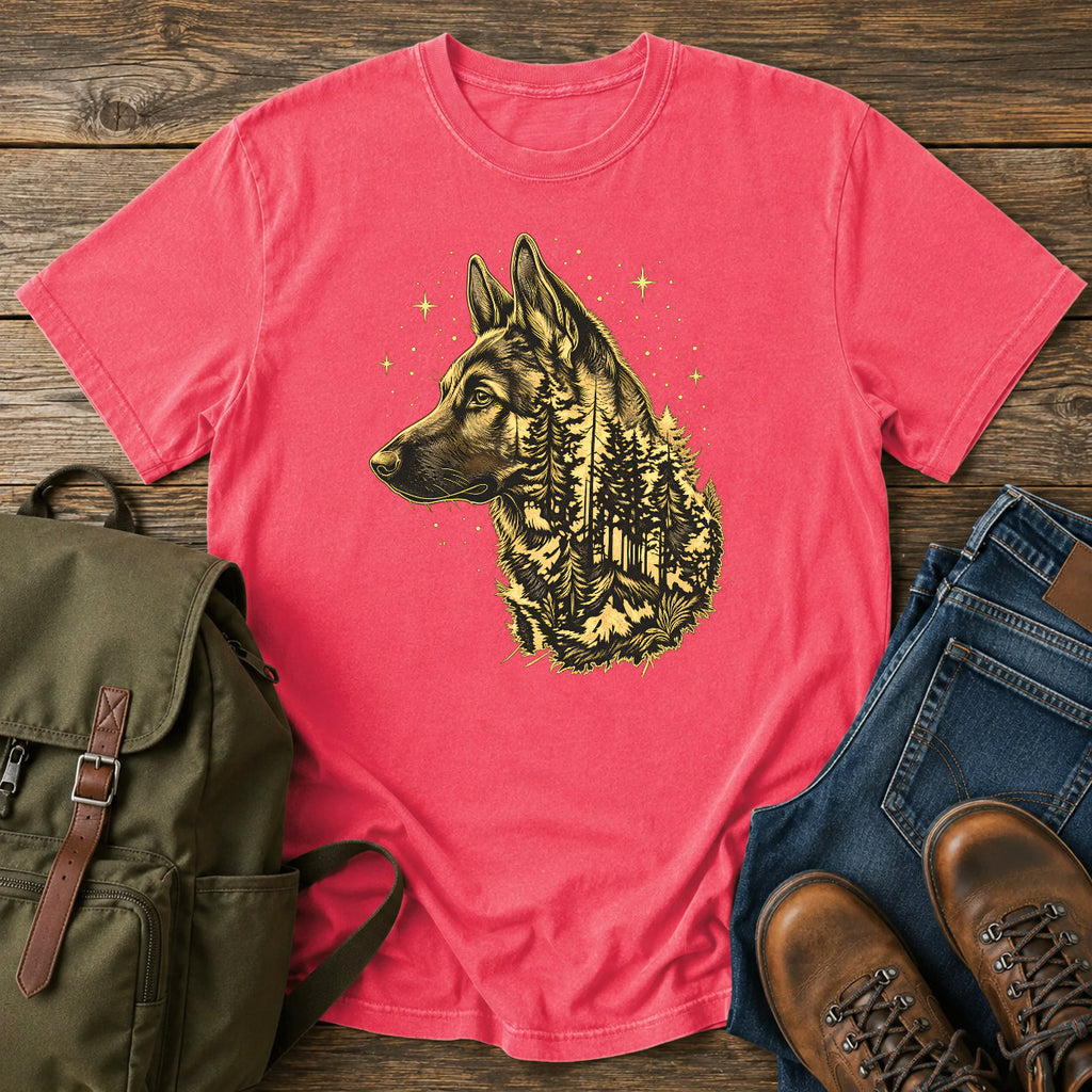 German Shepherd dog portrait filled with pine forest on a celestial t-shirt design.