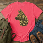 German Shepherd dog portrait filled with pine forest on a celestial t-shirt design.