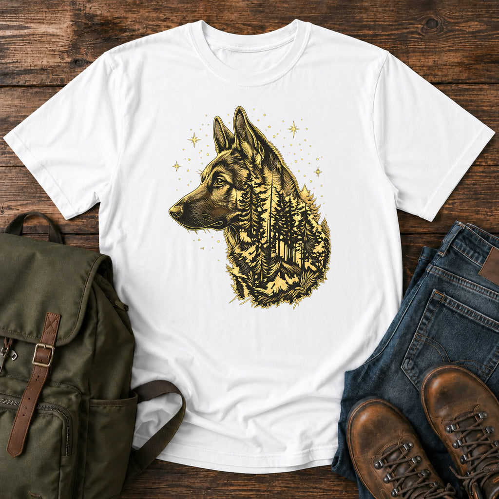 German Shepherd dog portrait filled with pine forest on a celestial t-shirt design.