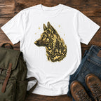 German Shepherd dog portrait filled with pine forest on a celestial t-shirt design.