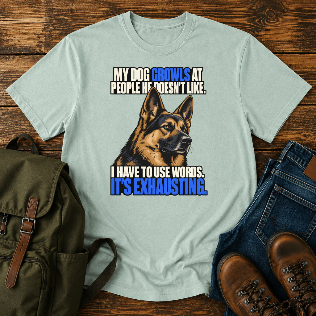 German Shepherd growling joke with bold blue retro typography on a t-shirt design
