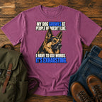 German Shepherd growling joke with bold blue retro typography on a t-shirt design