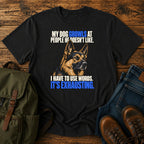 German Shepherd growling joke with bold blue retro typography on a t-shirt design