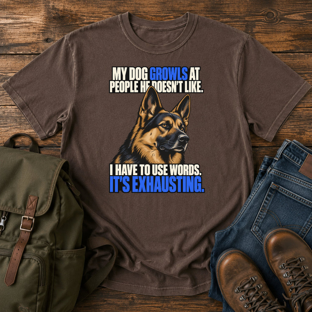 German Shepherd growling joke with bold blue retro typography on a t-shirt design