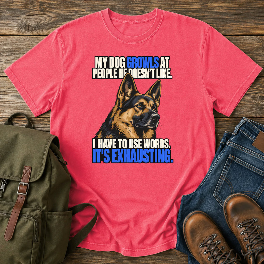 German Shepherd growling joke with bold blue retro typography on a t-shirt design