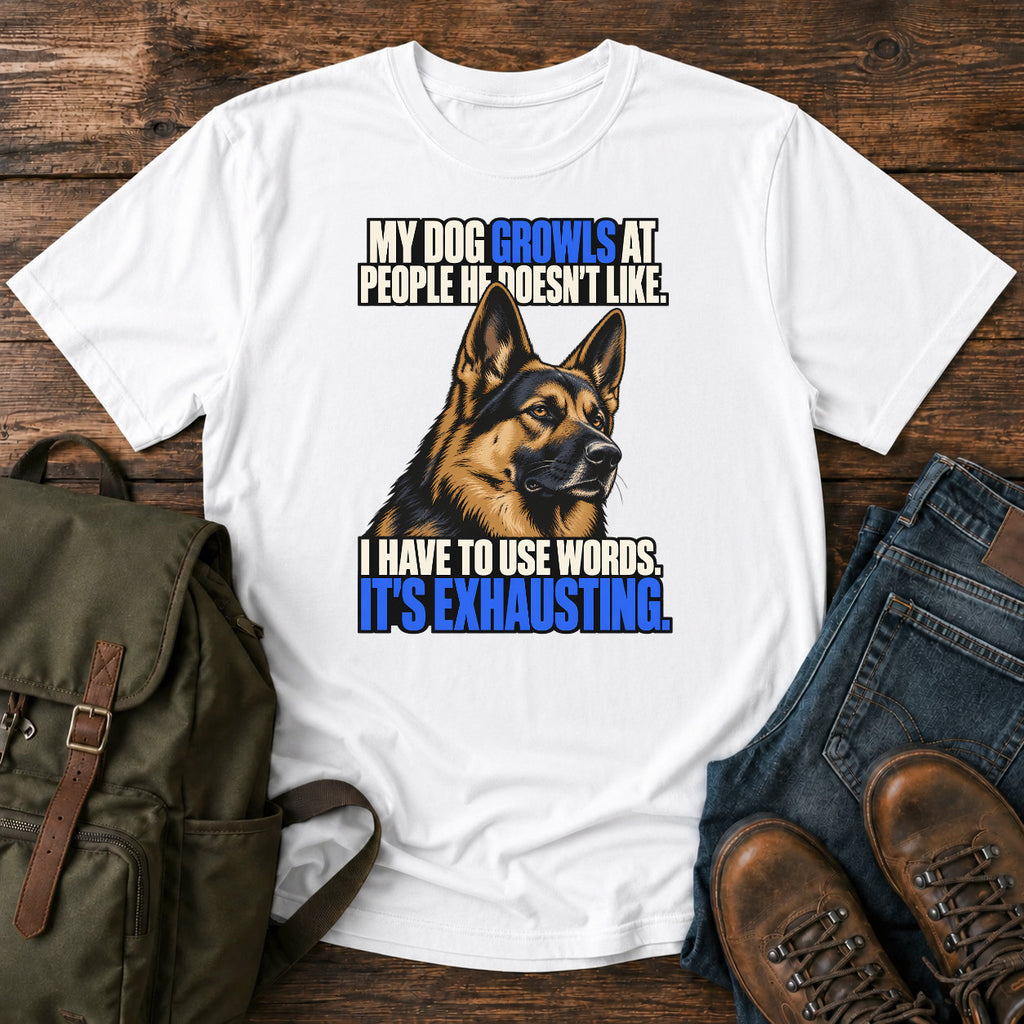 German Shepherd growling joke with bold blue retro typography on a t-shirt design
