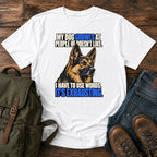German Shepherd growling joke with bold blue retro typography on a t-shirt design