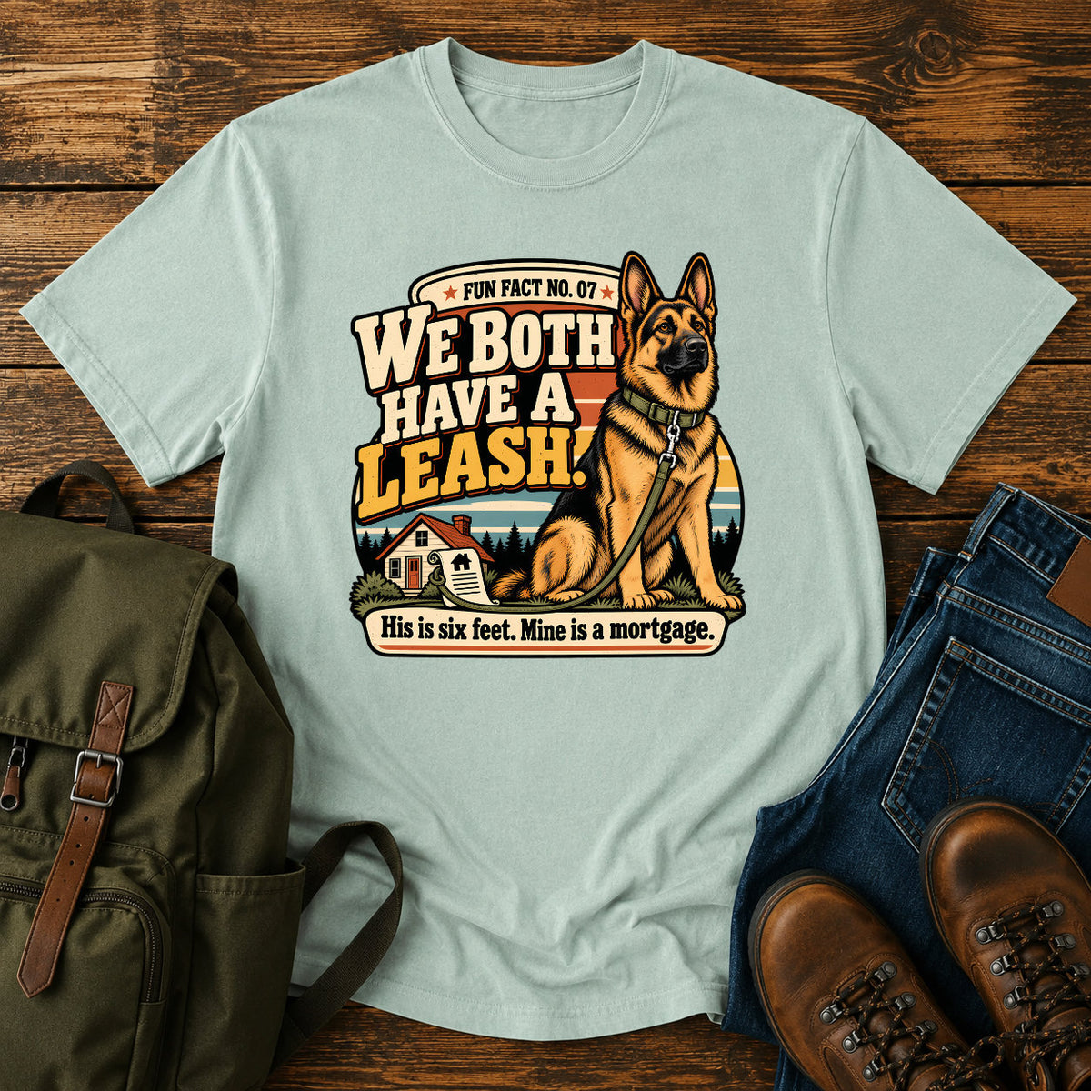 German Shepherd six foot leash mortgage badge on a vintage t-shirt design